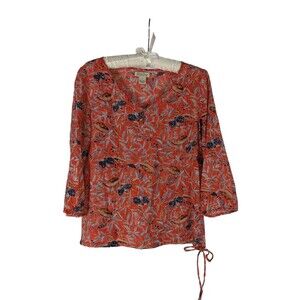 Lucky Brand Blouse S Women's Orange Floral Vneck Tie Hem Long Sleeve Bohemian